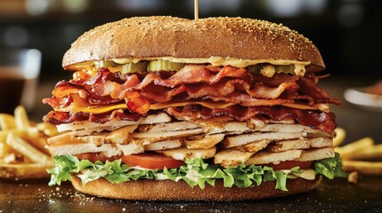 A close-up shot of a classic club sandwich with crispy fries, highlighting layers of bread, lettuce, tomato, bacon, and turkey