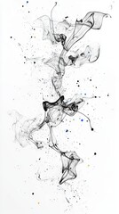 Thin wisps of black smoke swirl and dance against a stark white background, interspersed with small, colorful dots.