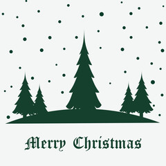 Monochrome pine trees on a snowy hill with falling snow and “Merry Christmas” text. Ideal for winter holiday greetings, festive banners, seasonal designs, and nature-themed graphics.