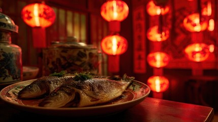 Traditional Chinese Fish Dish Plated on Porcelain Plate Under Red Lanterns in Festive Restaurant Scene