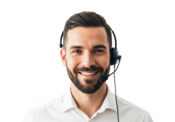 A friendly and professional man with a beard and headset smiles confidently ready to assist customers with excellent service