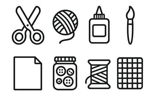 Craft Tools Icons. Creative Craft Workshop outline icon set: scissors, yarn ball, glue bottle, paintbrush, paper sheet, button jar, thread spool, cutting mat.