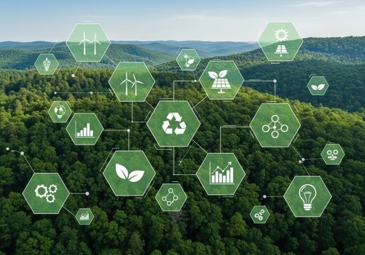 Sustainable development and green energy concepts with icons over lush forest landscape