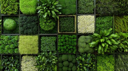 Awesome photo of green moss wall texture background, vertical garden with various plants.