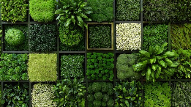 Awesome photo of green moss wall texture background, vertical garden with various plants.
