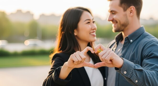 Young couple making heart shape with hands, smiling outdoors at sunset