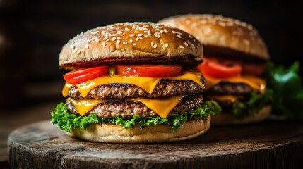 A delicious double cheeseburger with sesame seeds and toppings