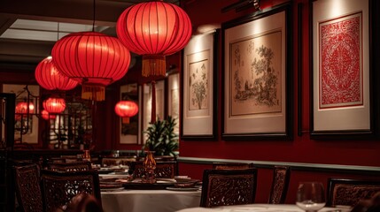 Intimate Chinese Restaurant Dining Scene With Red Lanterns, Framed Wall Art, And Elegant Table Setting For Cozy Gatherings