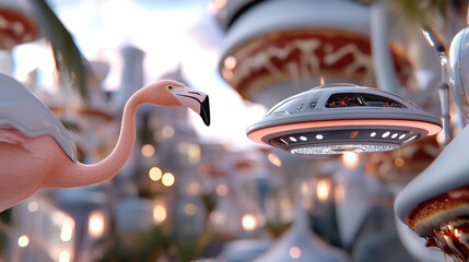 Brainrot, cinematic 3D flamingo in a business suit flying a UFO above a city made of giant pizzas, surreal meme chaos, vibrant photorealistic humor