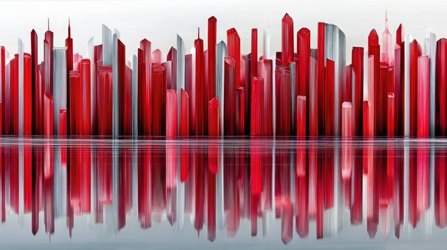 An abstract cityscape featuring a dense collection of vertical, rod-like structures in red and silver, with a clear reflection on a mirrored surface.
