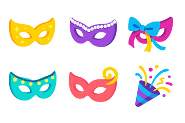 Vibrant Party Masks. Glam Party Masks modern flat icon set: glitter mask, pearl trim, ribbon bow, lights, swirl, confetti pop.