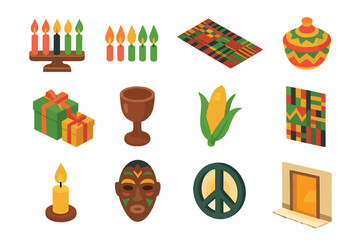 Kwanzaa Icons Showcase. Kwanzaa Traditions modern flat icon set: kinara, seven flames, mkeka mat, African basket, handmade gifts, unity cup, corn stalks, kente cloth, candlelight,