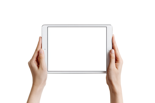 Hands holding a white tablet with a blank screen