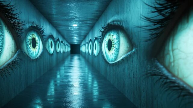 Creepy Abstract Hallway with Watching Blue Eyes a surreal background for horror movies psychological thrillers and security concepts.