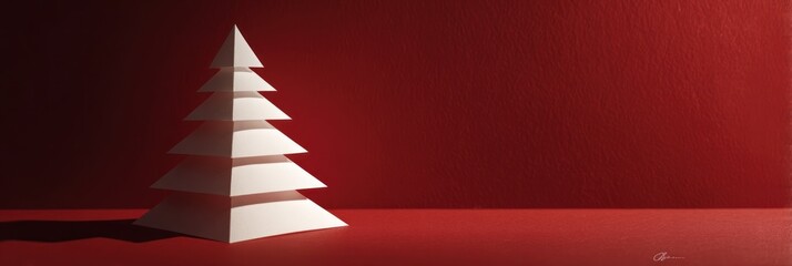 Minimal White Paper Christmas Tree Silhouette on Rich Red Studio Backdrop — Festive Holiday Decor, Modern Origami Art for Winter, Family, and Seasonal Cheer