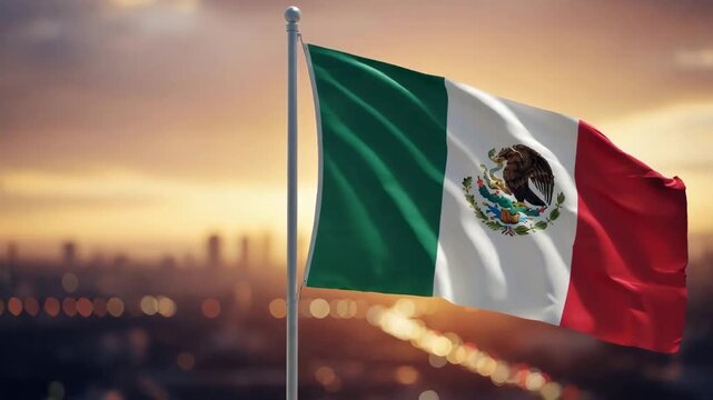 Flag of Mexico waving at sunrise over blurry city skyline with bokeh lights. National identity, travel, and patriotism concept. - Powered by Adobe