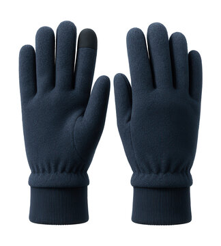 Navy fleece touchscreen gloves featuring elastic wristbands.