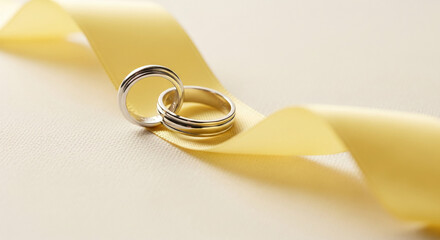 Two silver wedding rings on yellow satin ribbon, symbolizing commitment, union and love, perfect for wedding or engagement related concepts