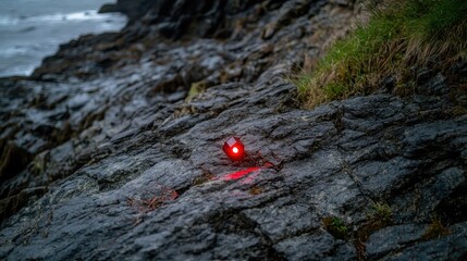 A dislodged seismic sensor emitting a faint red glow on a rocky shore