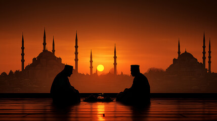 Naklejka premium Serene sunset silhouettes men in prayer with mosque backdrop, a tranquil moment of reflection and spiritual connection during golden hour in Turkey
