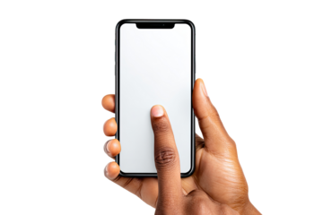 Hand holding a smartphone with blank screen.  Touchscreen interface