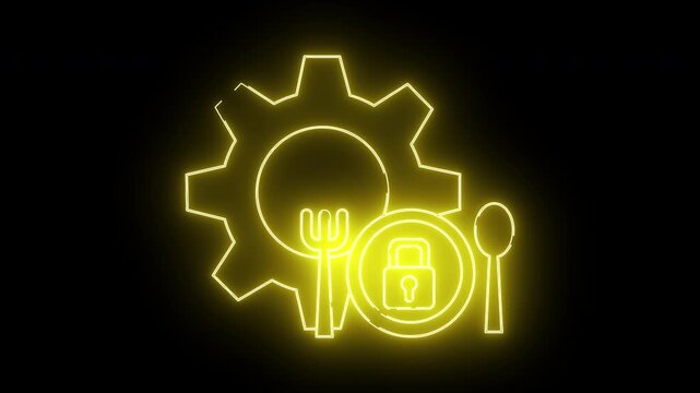 Glowing yellow outline of a gear fork spoon and padlock inside a circle on a black background