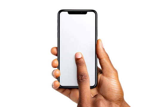 Hand holding a smartphone with blank screen.  Touchscreen interface