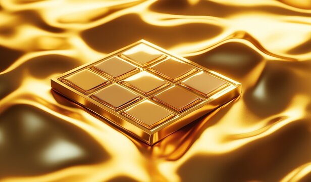 A gold bar with square shaped chocolate placed on a golden background creating an abstract and dynamic composition with luxurious atmosphere