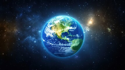 Fototapeta premium A glowing translucent blue and green Earth planet floats majestically in the vastness of space surrounded by countless stars