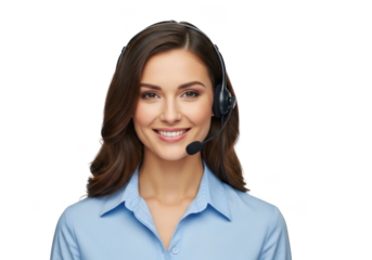 Friendly professional woman with headset smiling confidently ready to assist with customer service and support