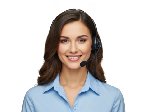 Friendly professional woman with headset smiling confidently ready to assist with customer service and support