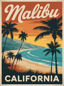 Malibu california vintage travel poster with palm trees beach sunset