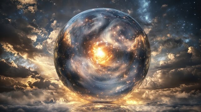 A glowing transparent sphere containing a swirling nebulous galaxy of cosmic energy and light against a backdrop of clouds and stars
