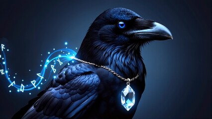 Naklejka premium Fantasy raven with a glowing blue eye wearing a crystal pendant on a chain, surrounded by magical blue runes and light trails on a dark background.
