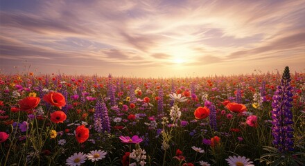 Obraz premium Luminous Painterly Dreamscape: Vast Hyper-Realistic Wildflower Field, Ethereal Golden Hour, Sunset
