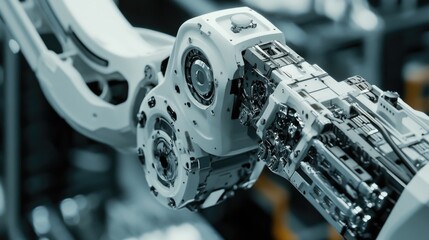 A close-up view of an industrial robotic arm showcasing intricate mechanical features in a modern manufacturing facility