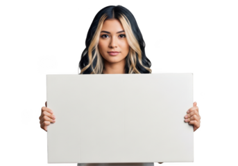 Young woman with blonde streaks in hair holds a blank white signboard against a black background