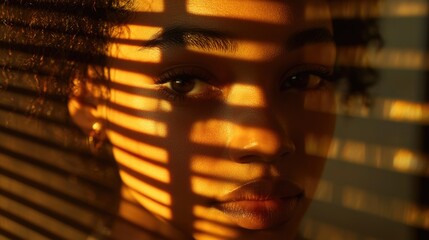 A close-up view of a woman's face illuminated by soft light through slatted blinds in a cozy room during the evening