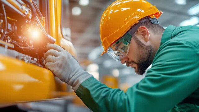 Focused Technician: A dedicated technician, dressed in a safety helmet and protective glasses, meticulously inspects intricate machinery.