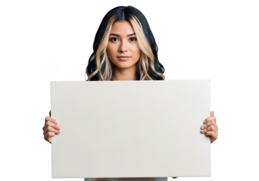 Young woman with blonde streaks in hair holds a blank white signboard against a black background