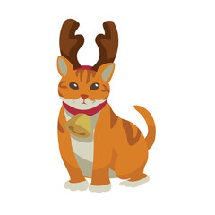 Orange Cat Wearing Reindeer Antlers and Bell