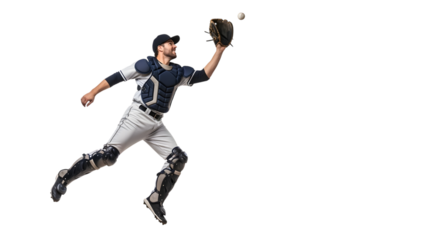 Baseball catcher in mid-air, leaping to catch a ball with his glove