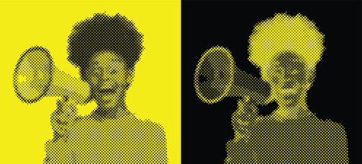 Halftone Illustration of Black Woman Screaming into the Megaphone on Yellow and Black Background. Retro Set. Vector Vintage Poster.
