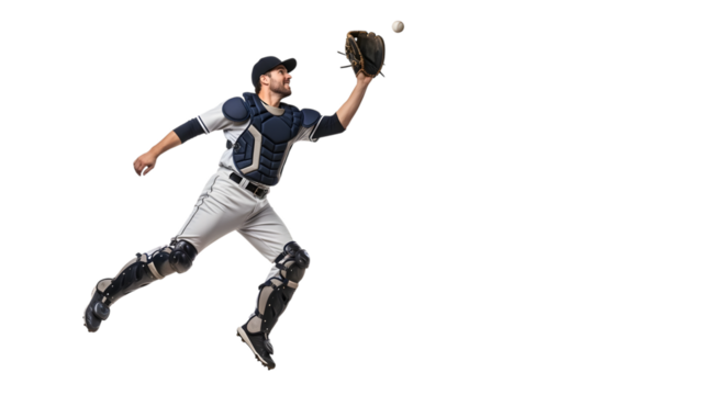 Baseball catcher in mid-air, leaping to catch a ball with his glove - Powered by Adobe