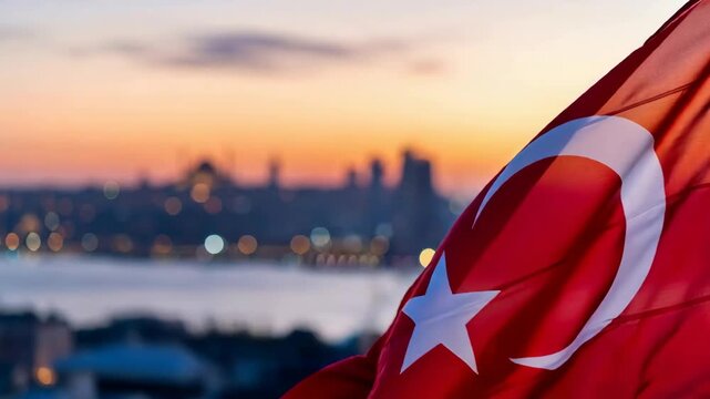 Turkish flag waving at sunset over a city skyline. National symbol of Turkiye with historic buildings at dusk. Travel or patriot concept.