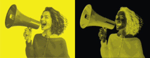 Halftone Illustration of Happy Young Woman Screaming into the Megaphone on Yellow and Black Background. Retro Set. Vector Vintage Poster.