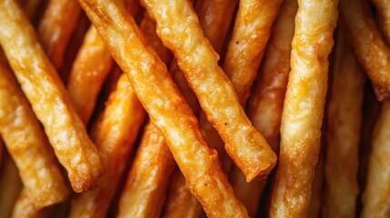 A close-up view of crispy, golden fried sticks, likely a snack or appetizer
