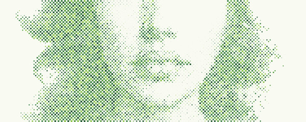 Abstract Close Up Green Face Using Gradient Halftone Squares Pixel Texture. Halftone Portrait of Artificial Intelligence, Ai. Big Data, Futuristic Data Flow, Smart Technology. Tech Vector Illustration