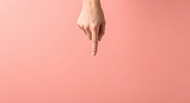 Hand, Womans hand pointing down on a pink background for product place - Powered by Adobe