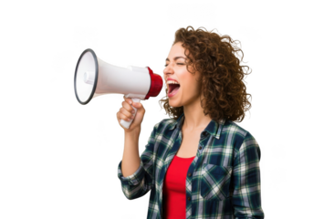 Young woman with curly hair shouting enthusiastically through a megaphone announcing and protesting with passionate expression
